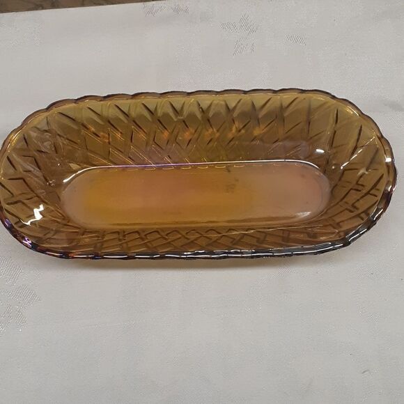 Vtg Indiana Glass Amber Carnival Basket Weave Celery Cracker Bread Dish 10"x5" - Picture 2 of 6